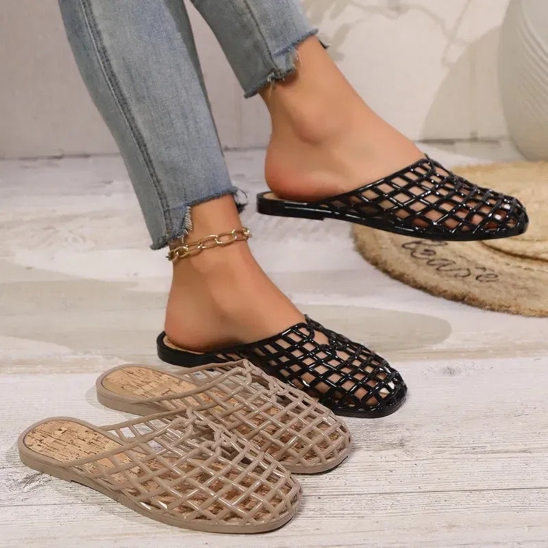 Color: black, Shoe Size: 37 - Women's Shoes 2025 Summer New Mesh Woven Hollowed-out Breathable Head Slippers for Women's Toe Wedge Sandals Zapatos De Mujer