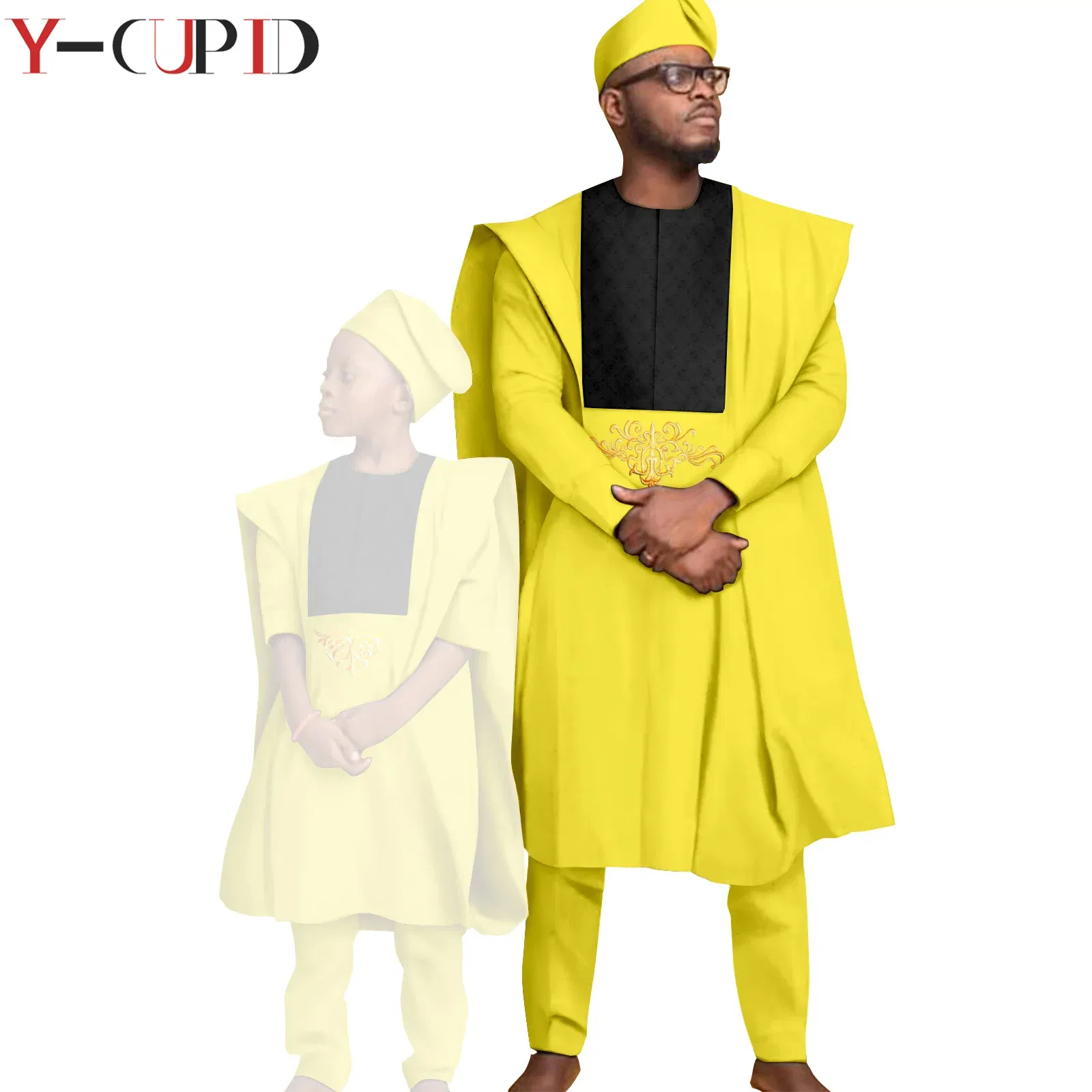 Color: Dark Grey, Size: L - African Clothes for Men Top Pants Robes Hat Sets Match Kid Boy Sets Dashiki Father and Son Bazin Riche Family Outfits Y20F001