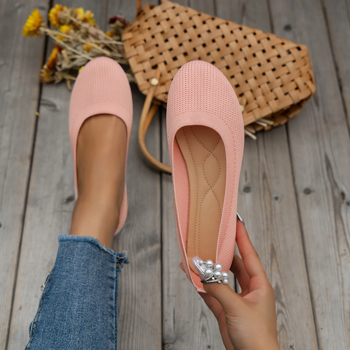 Color: Pink, Shoe Size: 36 - Elastic Knitting Flats Slip on Shoes for Women 2024 Summer Breathable Soft Loafers Woman Lightweight Casual Shoes Mom Moccasins