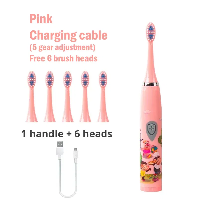 Color: Beige - Sonic Children Electric Toothbrush Colorful Cartoon Cute Pattern Ultrasonic Rechargeable Soft Hair Smart Brush Oral Cleaning