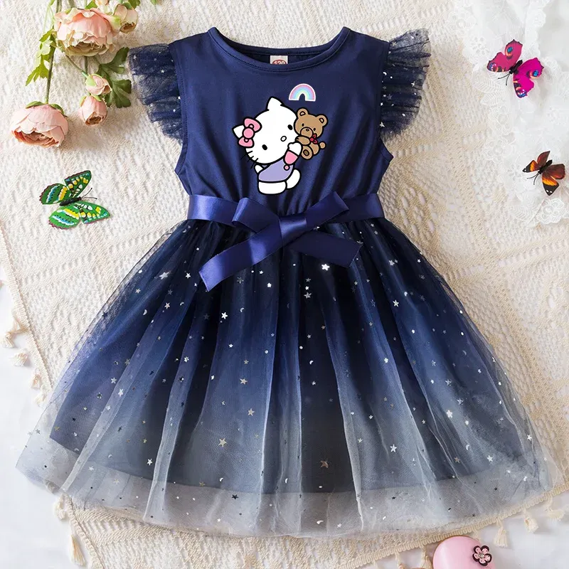 Color: Coffee, Kid Size: 11 - Hello Kitty Girls Sequin Tutu Dress with Bow Flutter Sleeves Summer Princess Party Outfit for Toddler Kids 2-6 Years