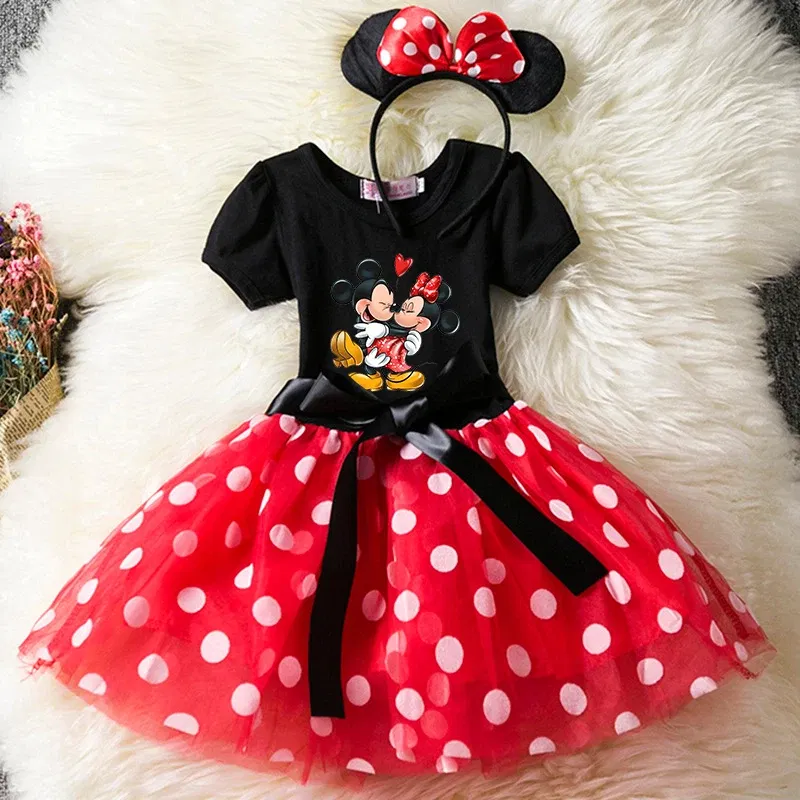 Color: Turquoise, Size: XXS - Mickey Minnie Mouse Cartoon Kids Short Sleeve Polka Dot Princess Dress Party Baby Girls Clothes Cosplay Costumes 1-6Y
