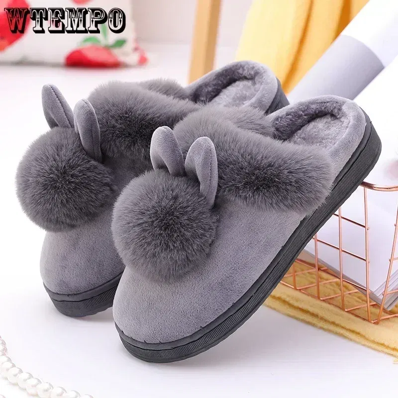 Color: Beige, Shoe Size: 4 - WTEMPO Fluffy House Shoes Women Winter Warm Slippers Cute Rabbit Ears Female Furry Plush Slippers Home Indoor Ladies Soft Shoes