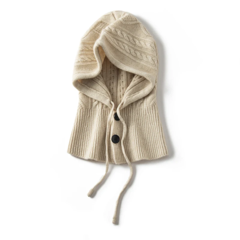 Color: Beige, Size: One Size - 100%Quality Cashmere Balaclava Cap Women Warm Ring Scarf Beanie Hat Adjustable Elastic Windproof Hooded Neck Collar Knitted Hat