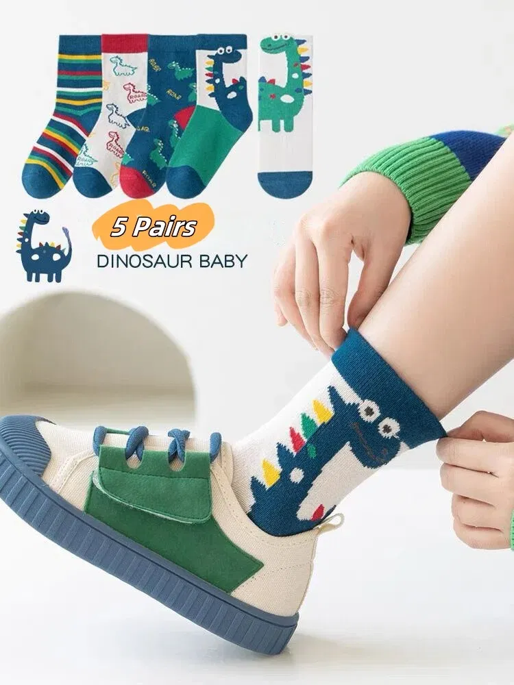 Color: black, Size: 4-6T - Children's Socks Autumn Boys Cartoon Dinosaur Socks 1-14T Kids Cotton Socks Student Sporty Socks 5 Pairs