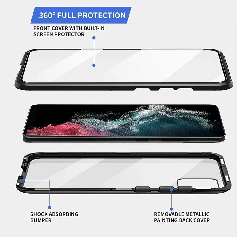 Color: Silver, Material: Acrylic - Full Wrap Metal Bezel Case For Samsung Galaxy S23 S22 Ultra S21 S20 FE S24 Note 10 20 Lite Plus Double-Sided Glass Back Cover