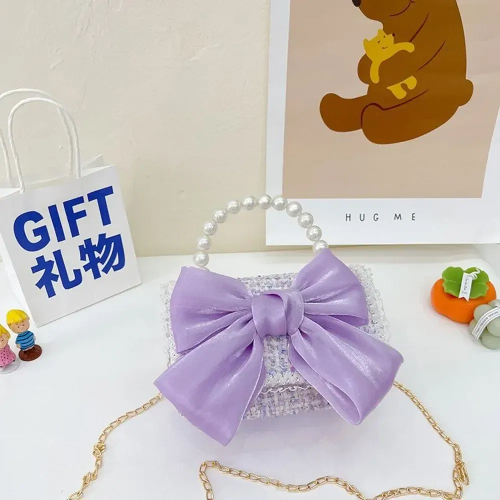 Color: Beige - New Children's Fashion Little Fragrant Wind Elsa Princess Bag Little Girl Pearl Handheld Crossbody Bag Net Red envelope