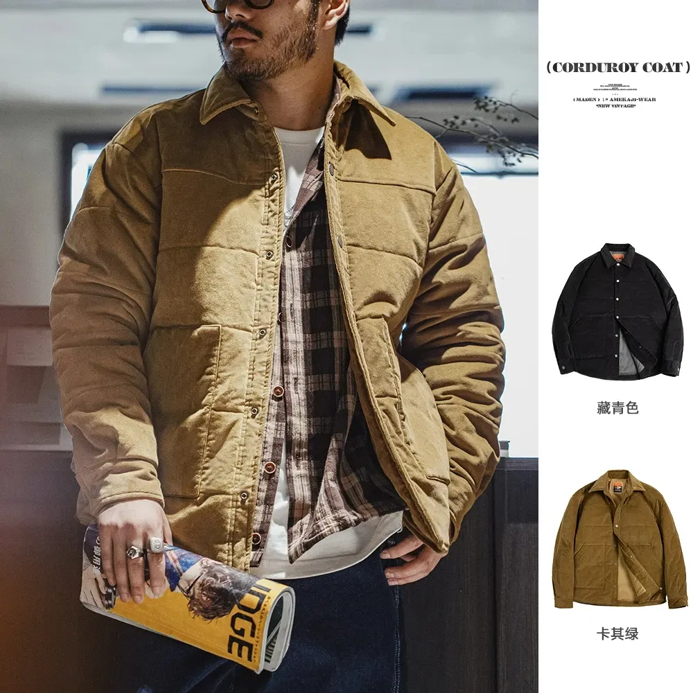 Maden Retro Corduroy Coat for Men Fall and Winter Stand-up Collar Cotton Jacket Thickened and Warm Large Pocket Jacket Navy Blue