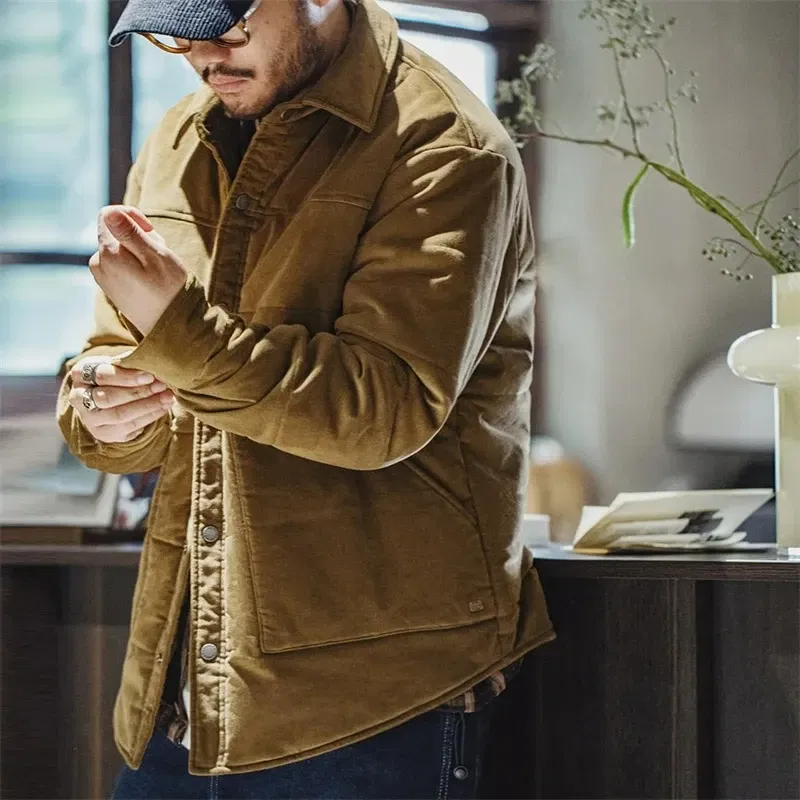 Maden Retro Corduroy Coat for Men Fall and Winter Stand-up Collar Cotton Jacket Thickened and Warm Large Pocket Jacket Navy Blue