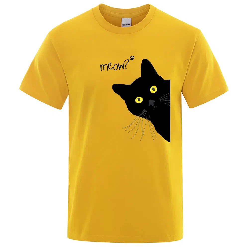 Color: Beige, Size: S - Meow Black Cat Funny Printing Men T-Shirts Breathable Tee Clothes Summer Streetwear Tops Oversized Loose Cotton Short Sleeve