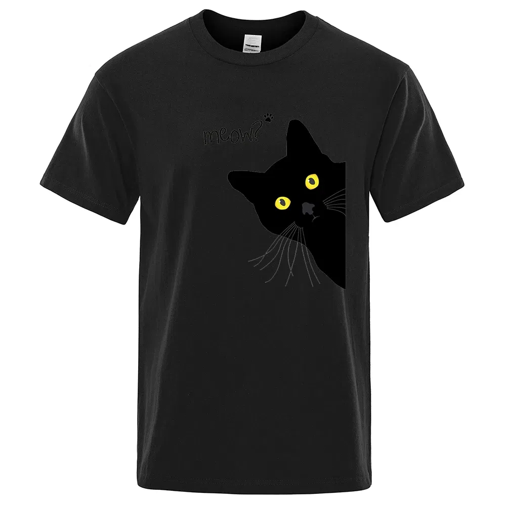 Color: Beige, Size: S - Meow Black Cat Funny Printing Men T-Shirts Breathable Tee Clothes Summer Streetwear Tops Oversized Loose Cotton Short Sleeve