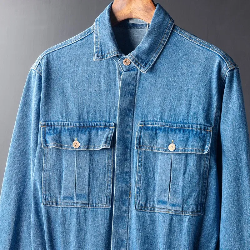 Men Hip Hop Denim Cargo Jacket Set Japan Style Retro Loose Blue Jumpsuit Multi-Pockets Casual Overalls Outdoor Trousers Male