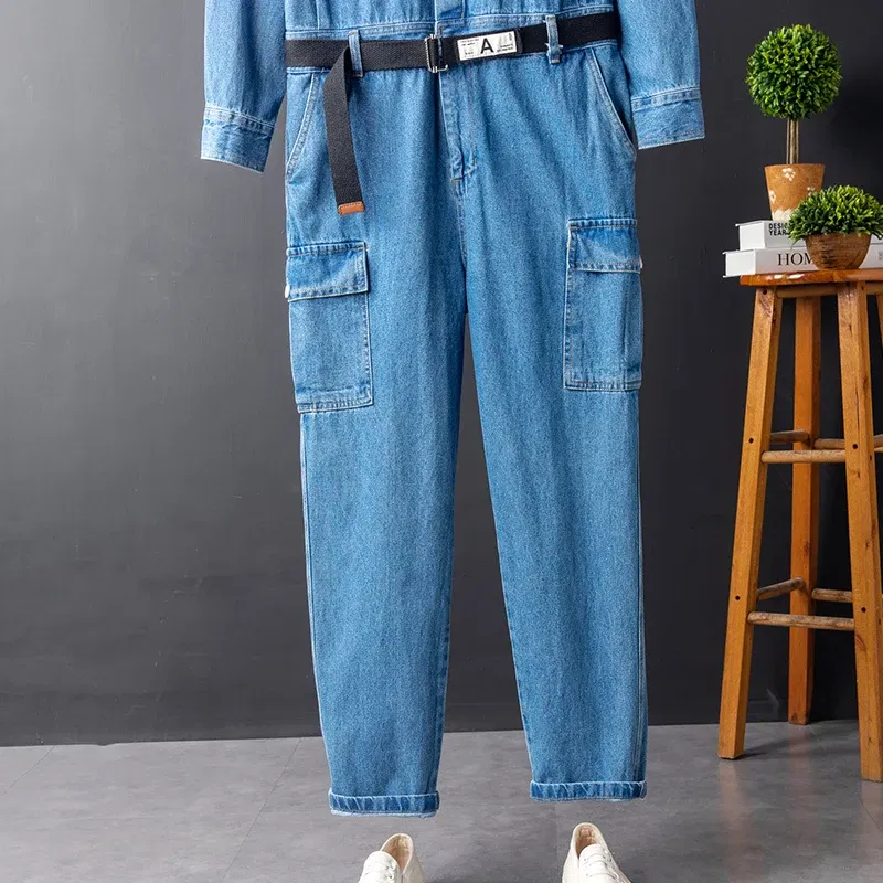 Men Hip Hop Denim Cargo Jacket Set Japan Style Retro Loose Blue Jumpsuit Multi-Pockets Casual Overalls Outdoor Trousers Male