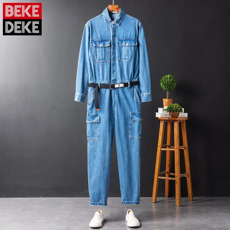 Men Hip Hop Denim Cargo Jacket Set Japan Style Retro Loose Blue Jumpsuit Multi-Pockets Casual Overalls Outdoor Trousers Male
