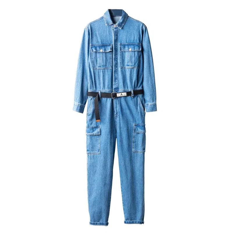 Men Hip Hop Denim Cargo Jacket Set Japan Style Retro Loose Blue Jumpsuit Multi-Pockets Casual Overalls Outdoor Trousers Male