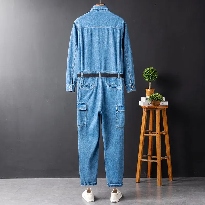Men Hip Hop Denim Cargo Jacket Set Japan Style Retro Loose Blue Jumpsuit Multi-Pockets Casual Overalls Outdoor Trousers Male