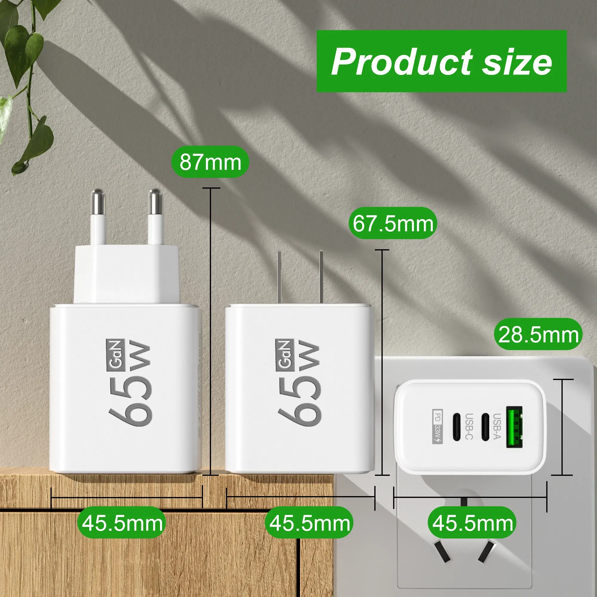 Plug Type: IL - 65W PD USB GaN Charger 3 Ports Fast Charging Mobile Phone Charger Wall Adapter For IPhone15 Samsung Xiaomi Redmi EU/US/UK Plug