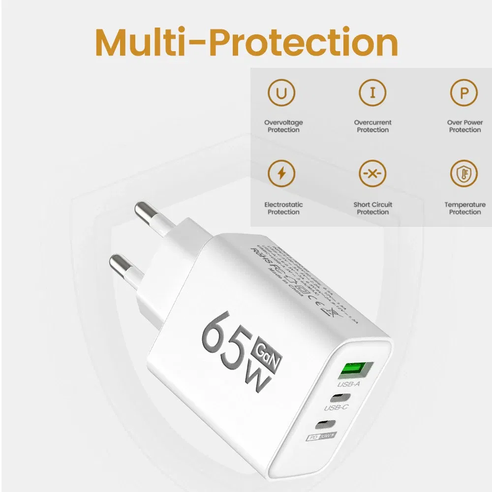 Plug Type: IL - 65W PD USB GaN Charger 3 Ports Fast Charging Mobile Phone Charger Wall Adapter For IPhone15 Samsung Xiaomi Redmi EU/US/UK Plug