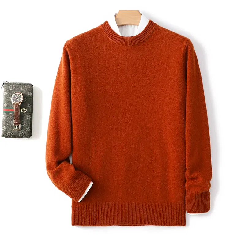 Color: Brown, Size: XL, Ships From: CHINA - Men's 100% Pure Wool Cashmere Sweater O-Neck Pullover Knit Sweater Autumn and Winter New Long Sleeve High-End Jumpers Thick Tops