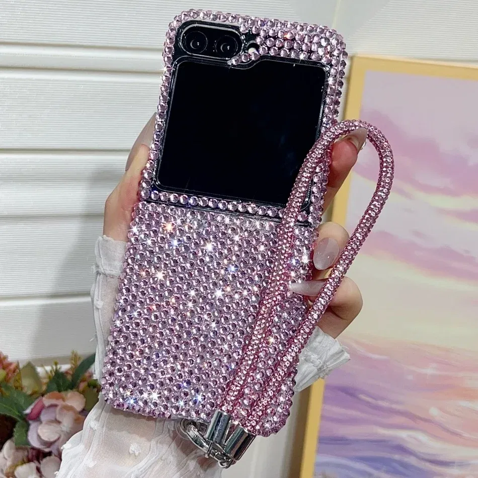 Color: Beige, Material: Leather - Full Shiny Diamonds Cover Funda For Samsung Galaxy Z Flip 7 Wrist Strap Case For Samsung z flip 6 zflip5 zflip4 3 Luxury Case