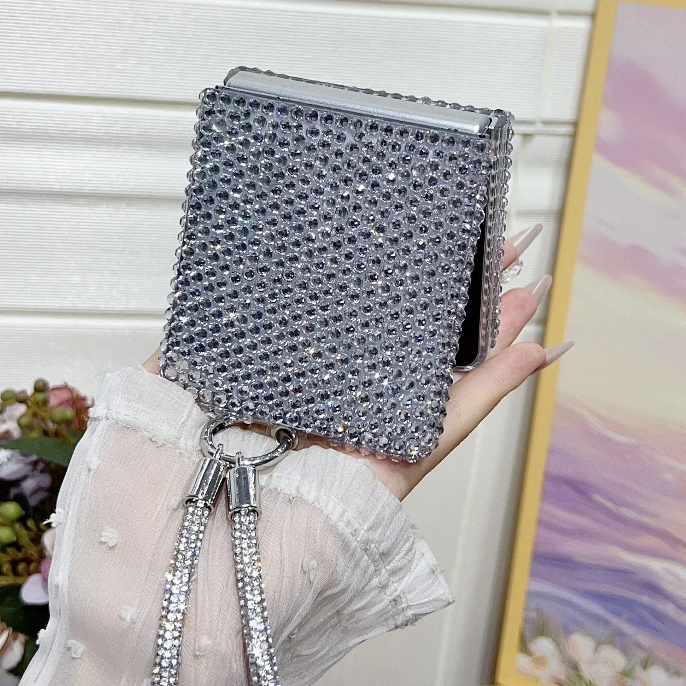 Color: Beige, Material: Leather - Full Shiny Diamonds Cover Funda For Samsung Galaxy Z Flip 7 Wrist Strap Case For Samsung z flip 6 zflip5 zflip4 3 Luxury Case