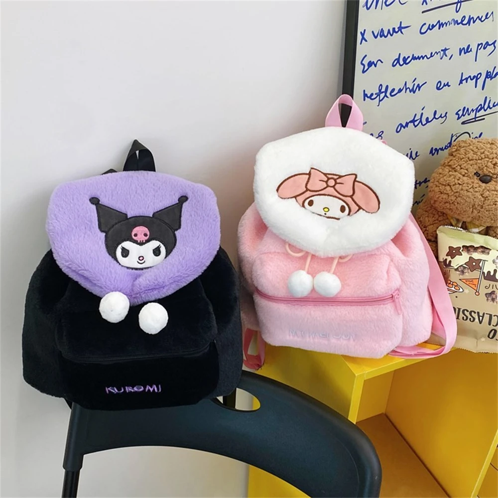 Sanrio Kuromi Melody Cartoon Cute Puppy Plush Flip Backpack Women's Casual Large Capacity Cute kawaii Cartoon School Bag Mochila
