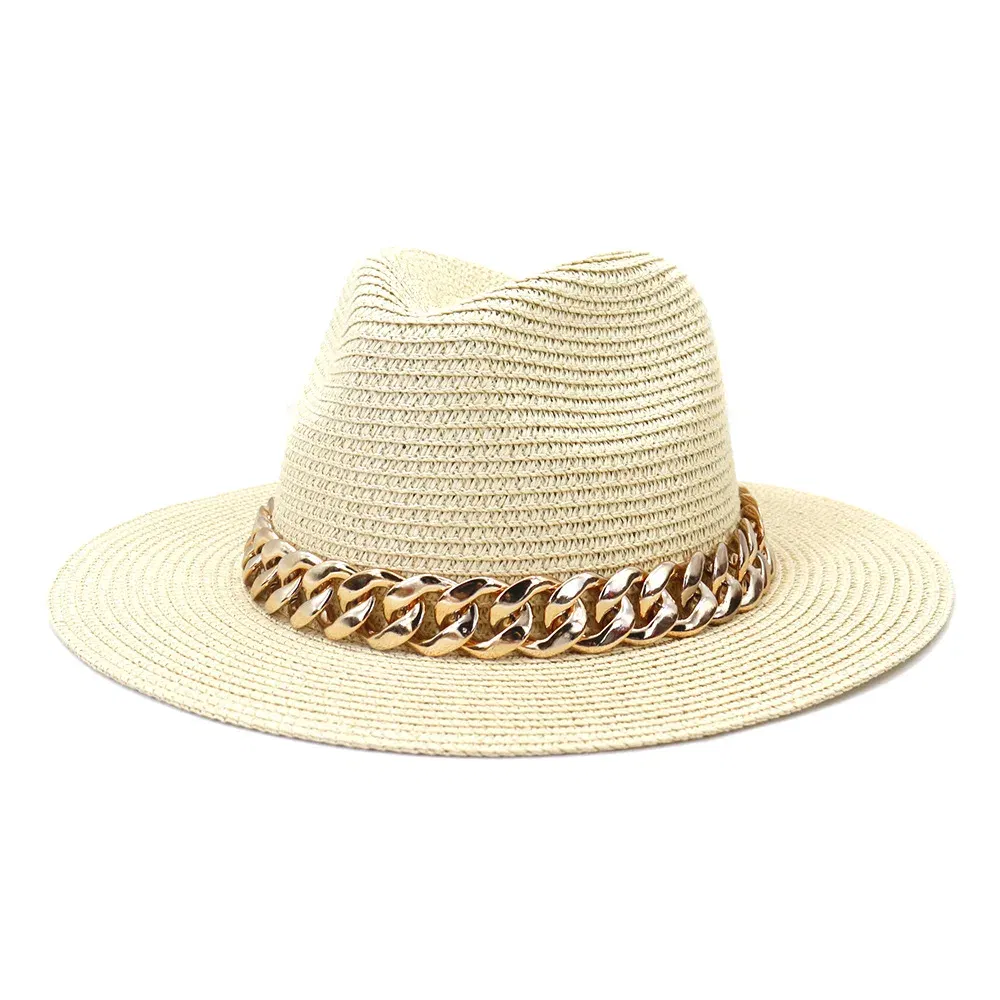Color: Beige, Size: L - Fashion Gold Chain Belt Panama Straw Hats For Women Summer Breathable Beach Sun Hats Elegant Ladies Party Jazz Hat