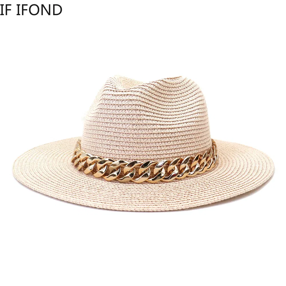 Color: Beige, Size: L - Fashion Gold Chain Belt Panama Straw Hats For Women Summer Breathable Beach Sun Hats Elegant Ladies Party Jazz Hat