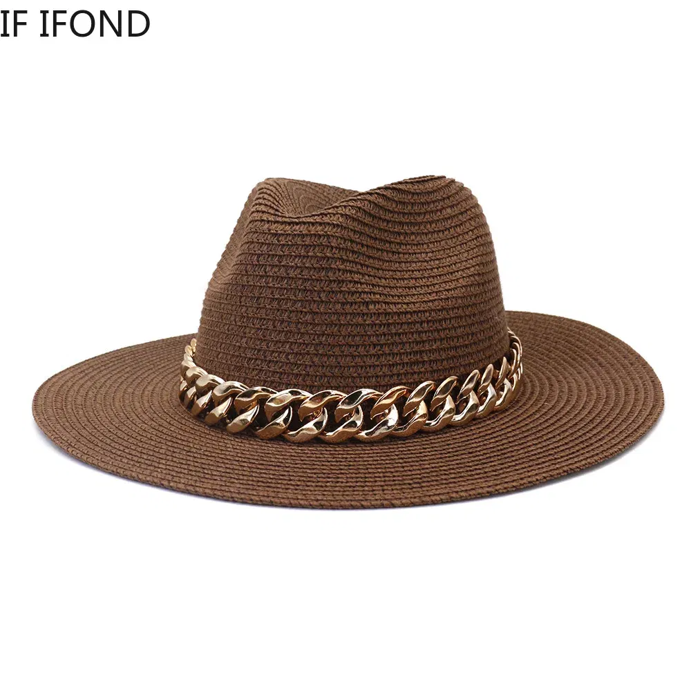 Color: Beige, Size: L - Fashion Gold Chain Belt Panama Straw Hats For Women Summer Breathable Beach Sun Hats Elegant Ladies Party Jazz Hat