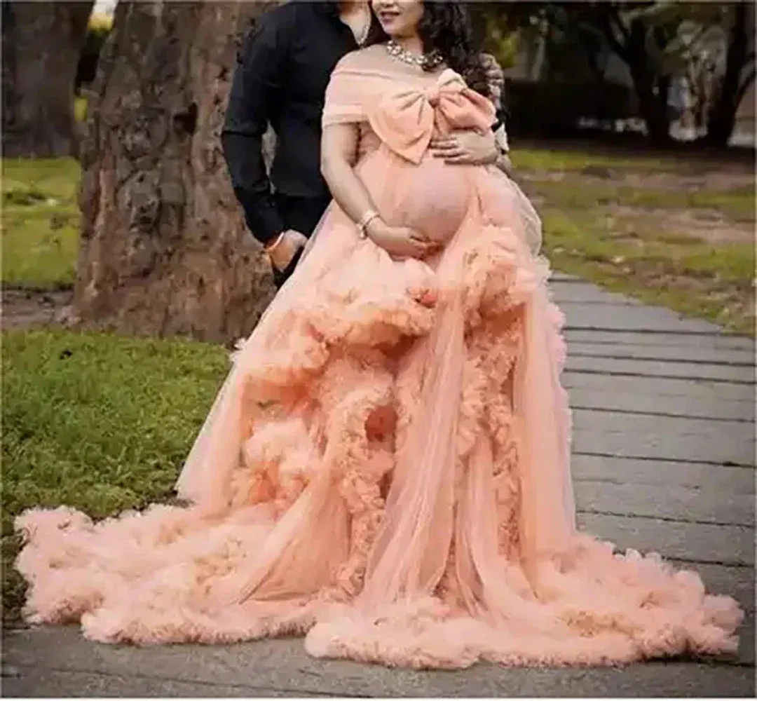 Color: Lotus Color, Maternity Size: 20, Ships From: CHINA - BIG BOW Tulle Ruffle maternity dresses photoshoot baby shower п?»?°?‚ь?µ д?»я ?±?µр?µм?µнн?‹?… فس?§تي?†