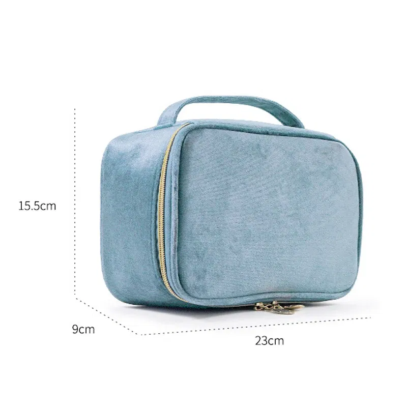 Color: Pink - Velvet Cosmetics Bag Top Handle Travel Large Capacity Brushes Suede Makeup Vanity Case Custom Initials Name Gift