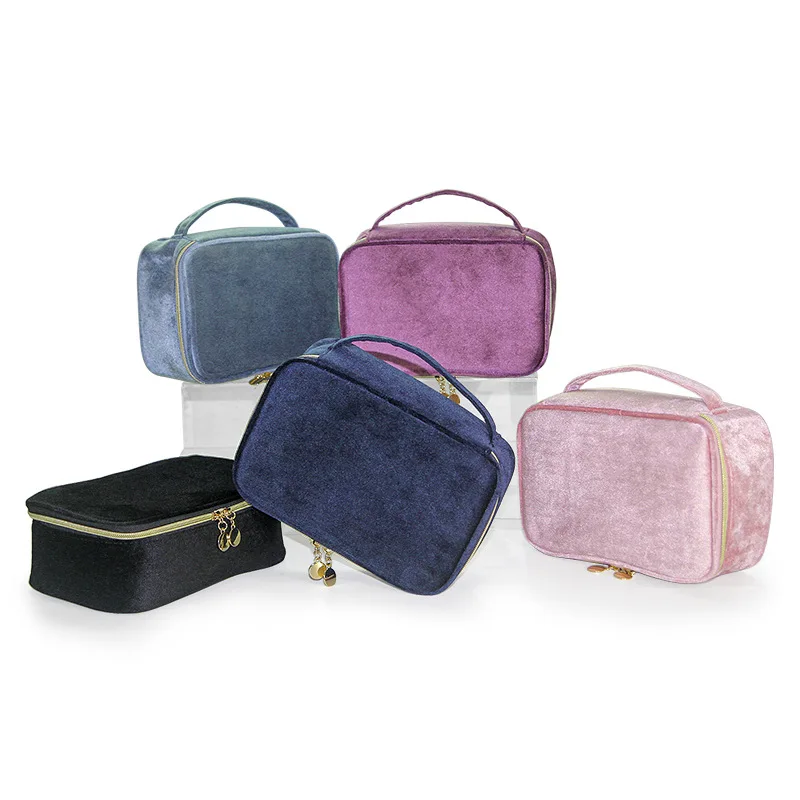 Color: Pink - Velvet Cosmetics Bag Top Handle Travel Large Capacity Brushes Suede Makeup Vanity Case Custom Initials Name Gift