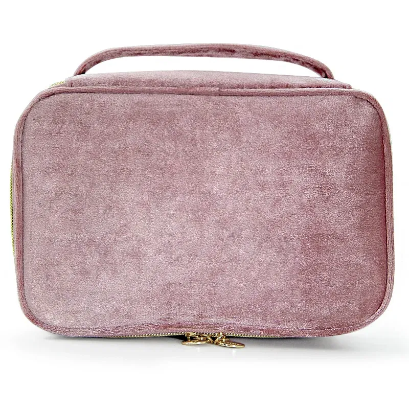 Color: Pink - Velvet Cosmetics Bag Top Handle Travel Large Capacity Brushes Suede Makeup Vanity Case Custom Initials Name Gift