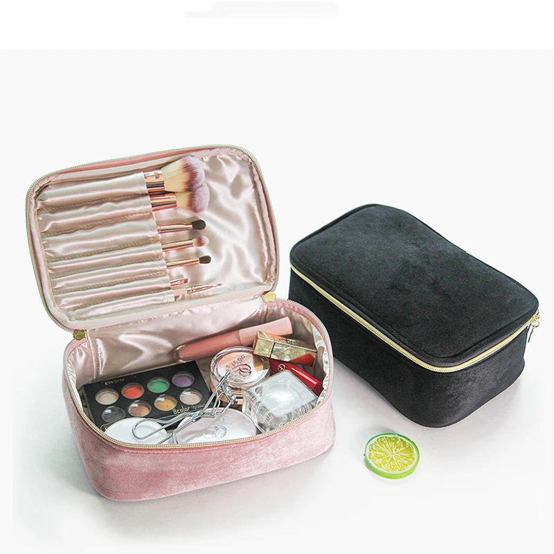 Color: Pink - Velvet Cosmetics Bag Top Handle Travel Large Capacity Brushes Suede Makeup Vanity Case Custom Initials Name Gift