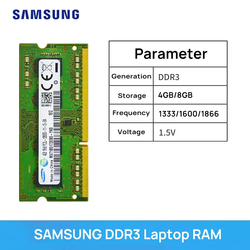 Memory Capacity: 4GB - Samsung Laptop Memory DDR3 1.5V /DDR3L 1.35V 1333 1600 1866 MT/s MHz 4GB 8GB RAM 204pin SO-DIMM Memory Stick for Laptop Notebook