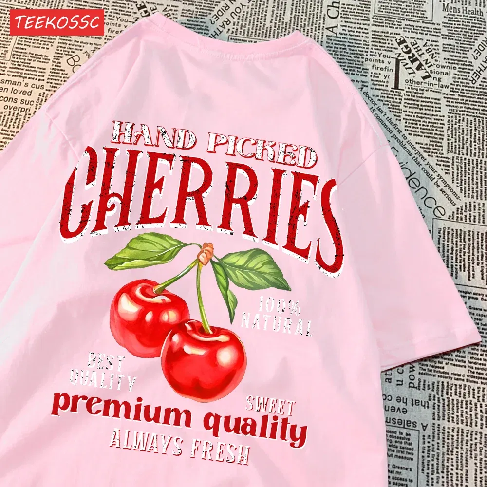 Color: Blue, Size: M - Summer Lemon Cherries Prints T-Shirts Cotton Women's Tops Oversize O-Neck Soft Short Sleeve tees Street Casual Womans Clothes