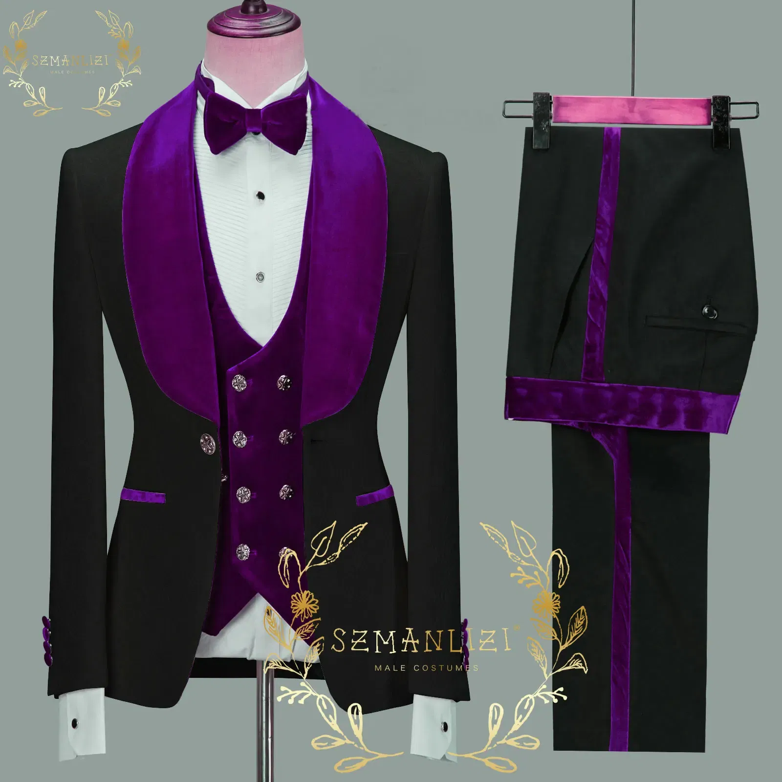 Color: Blue, Size: XXL - SZMANLIZI 2022 Latest Designs Black Floral Party Blazer Men Suits Costume Homme Groom Tuxedos Wedding Terno Masculino 3 Pieces