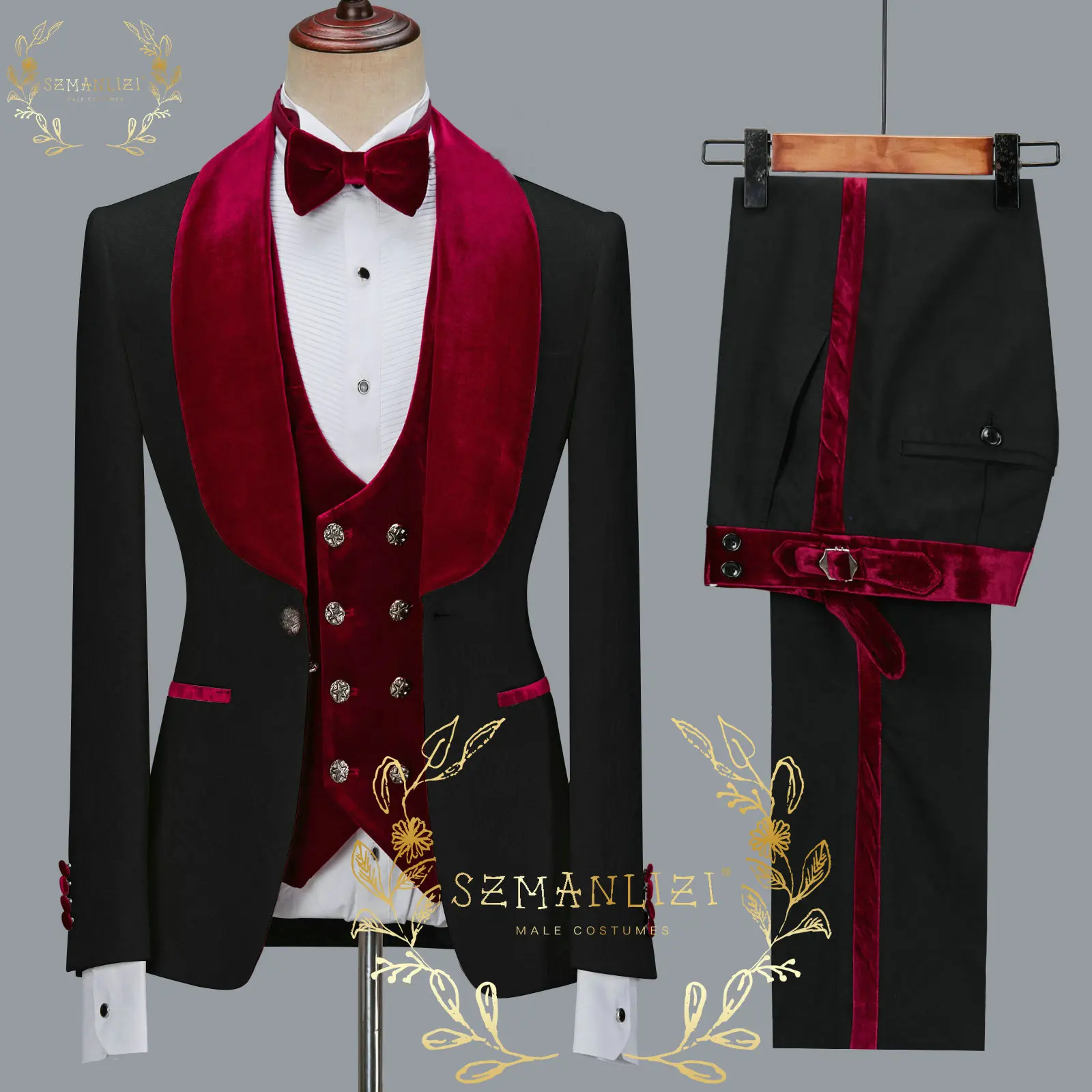 Color: Blue, Size: XXL - SZMANLIZI 2022 Latest Designs Black Floral Party Blazer Men Suits Costume Homme Groom Tuxedos Wedding Terno Masculino 3 Pieces