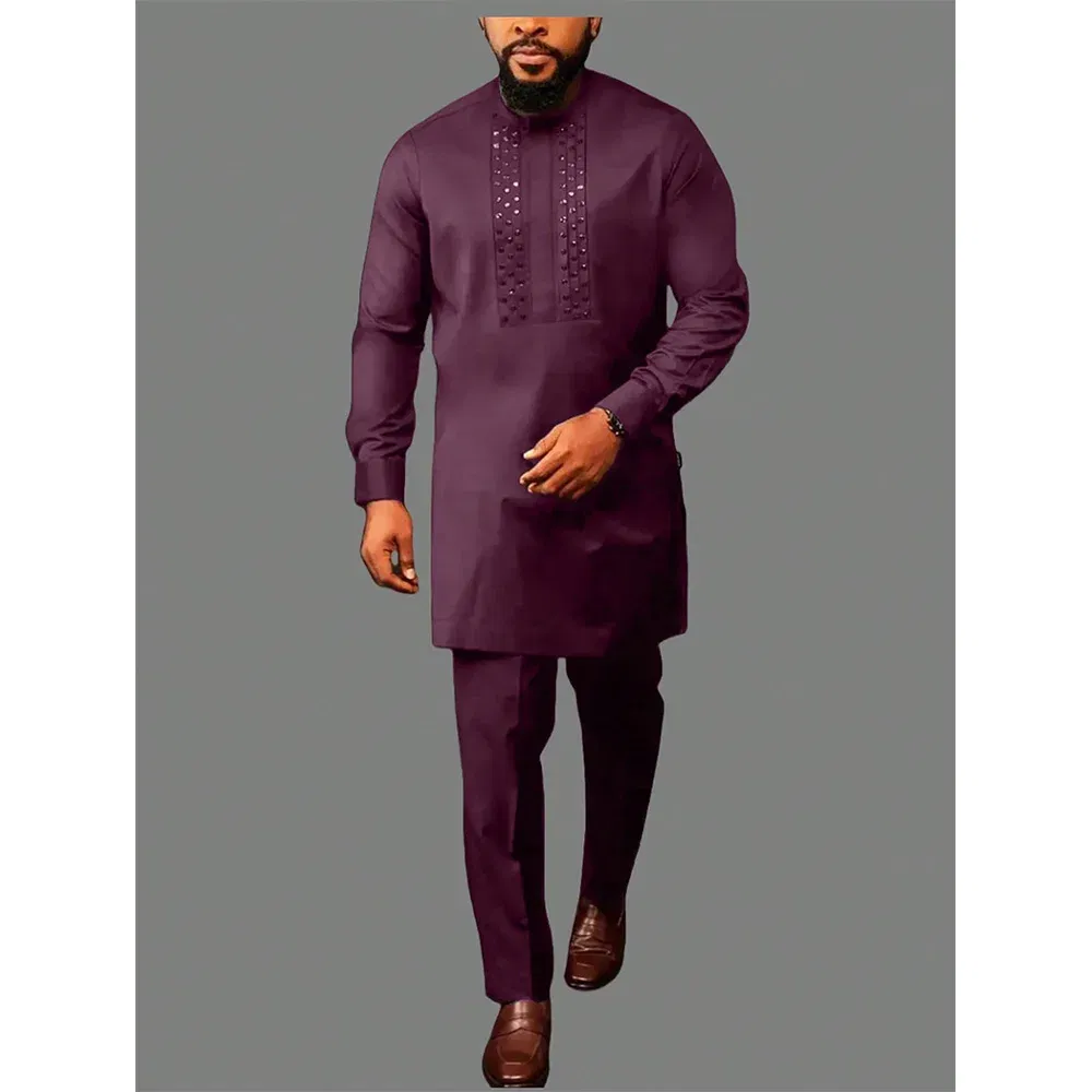 Color: Fuchsia, Size: XXXL - 2024 New African Traditional Men's Set Elegant and Fashionable Men's Suit Casual Embroidery Two Piece Set Men's Suit Kaftan