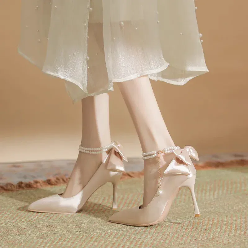Color: Beige, Shoe Size: 39 - Size 35-40 Stiletto Heel Point Toe Pearls Buckle Belt 9cm High Heel Ladies Bow Satin Fabric White Wedding Shoes Women Pumps