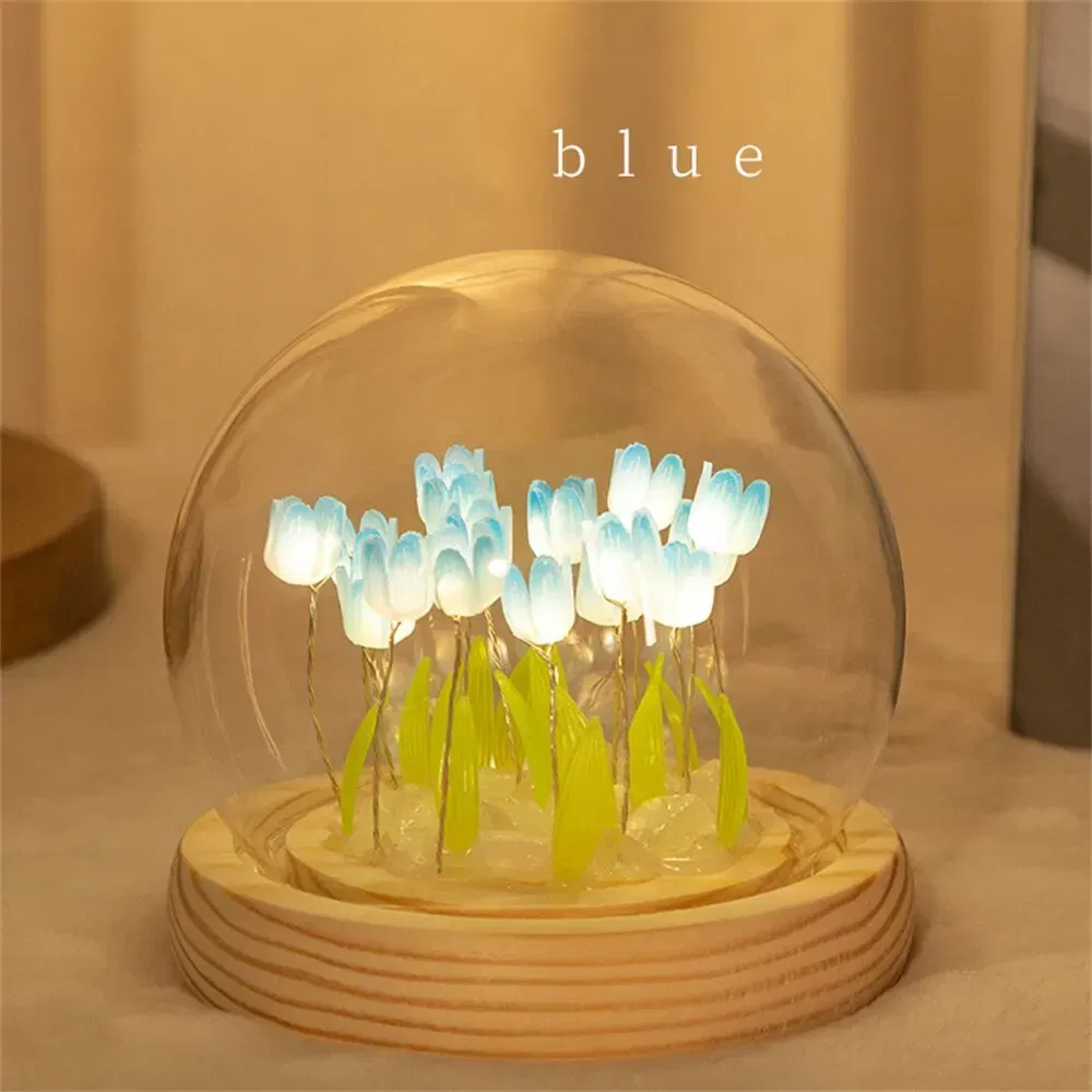 Color: Blue - Artificial Tulip Flower Night Light Handmade DIY Bedside Lamp LED Night Lamp Bedroom Decor Christmas Birthday Gifts Table Lamp
