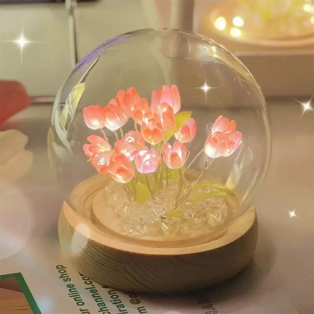 Color: Blue - Artificial Tulip Flower Night Light Handmade DIY Bedside Lamp LED Night Lamp Bedroom Decor Christmas Birthday Gifts Table Lamp