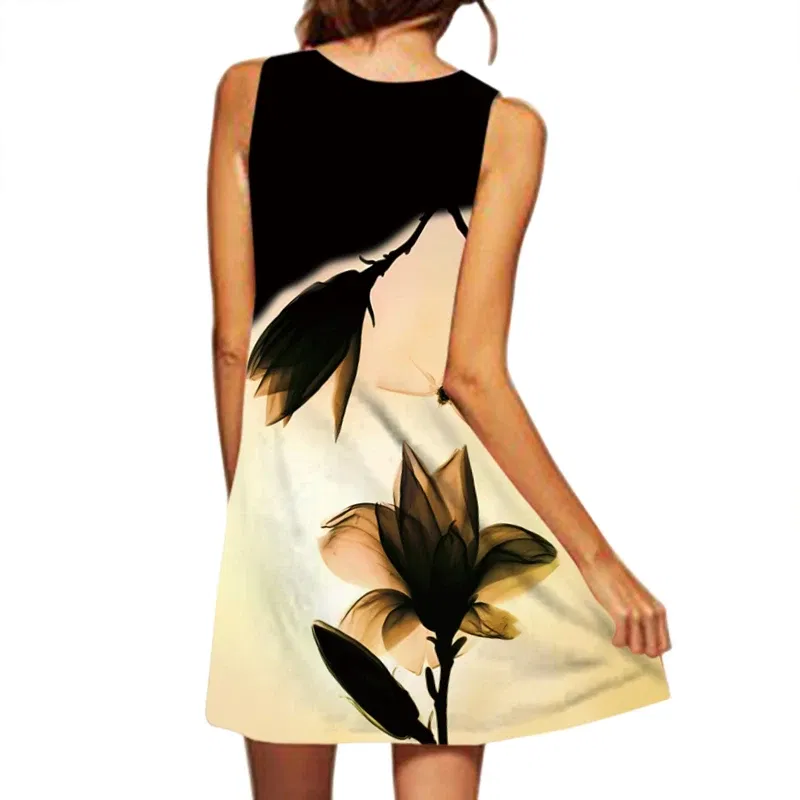 Size: XXXL, Color: MULTI - 2024 European and American Cross-border WOMEN'S Clothing New Dress V-neck Sleeveless Sexy Printed Large Hem Medium Length Dress