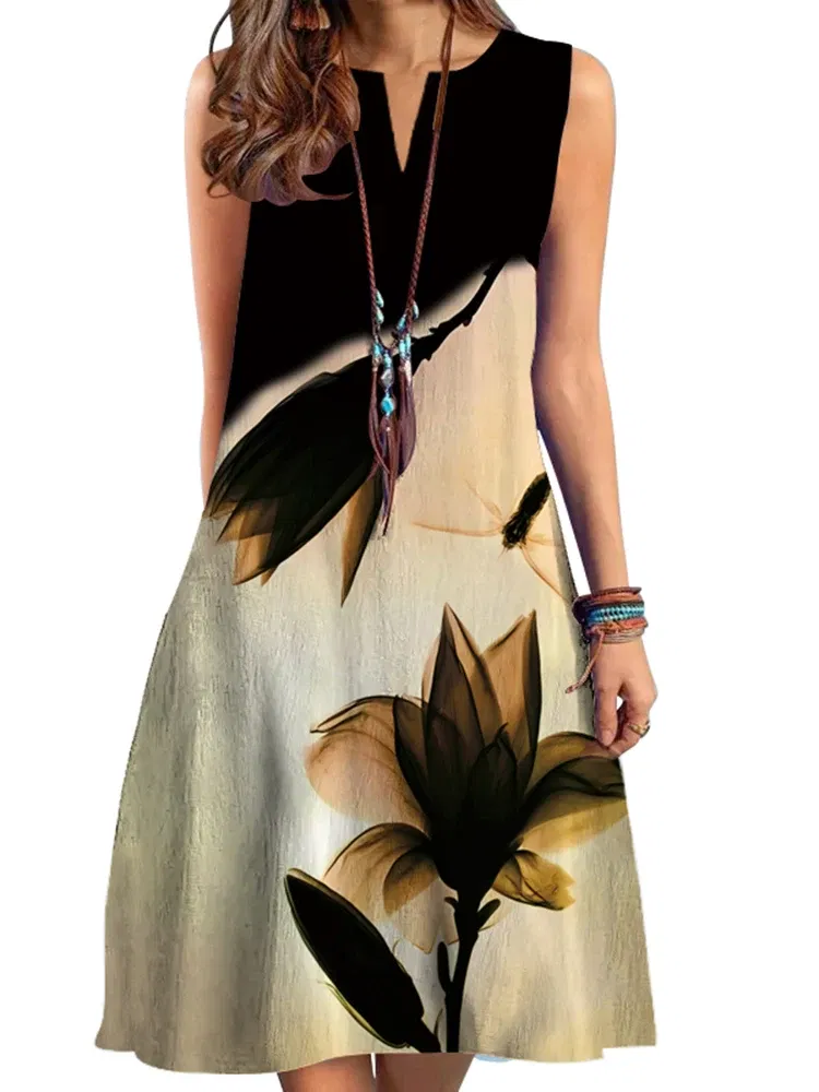 Size: XXXL, Color: MULTI - 2024 European and American Cross-border WOMEN'S Clothing New Dress V-neck Sleeveless Sexy Printed Large Hem Medium Length Dress