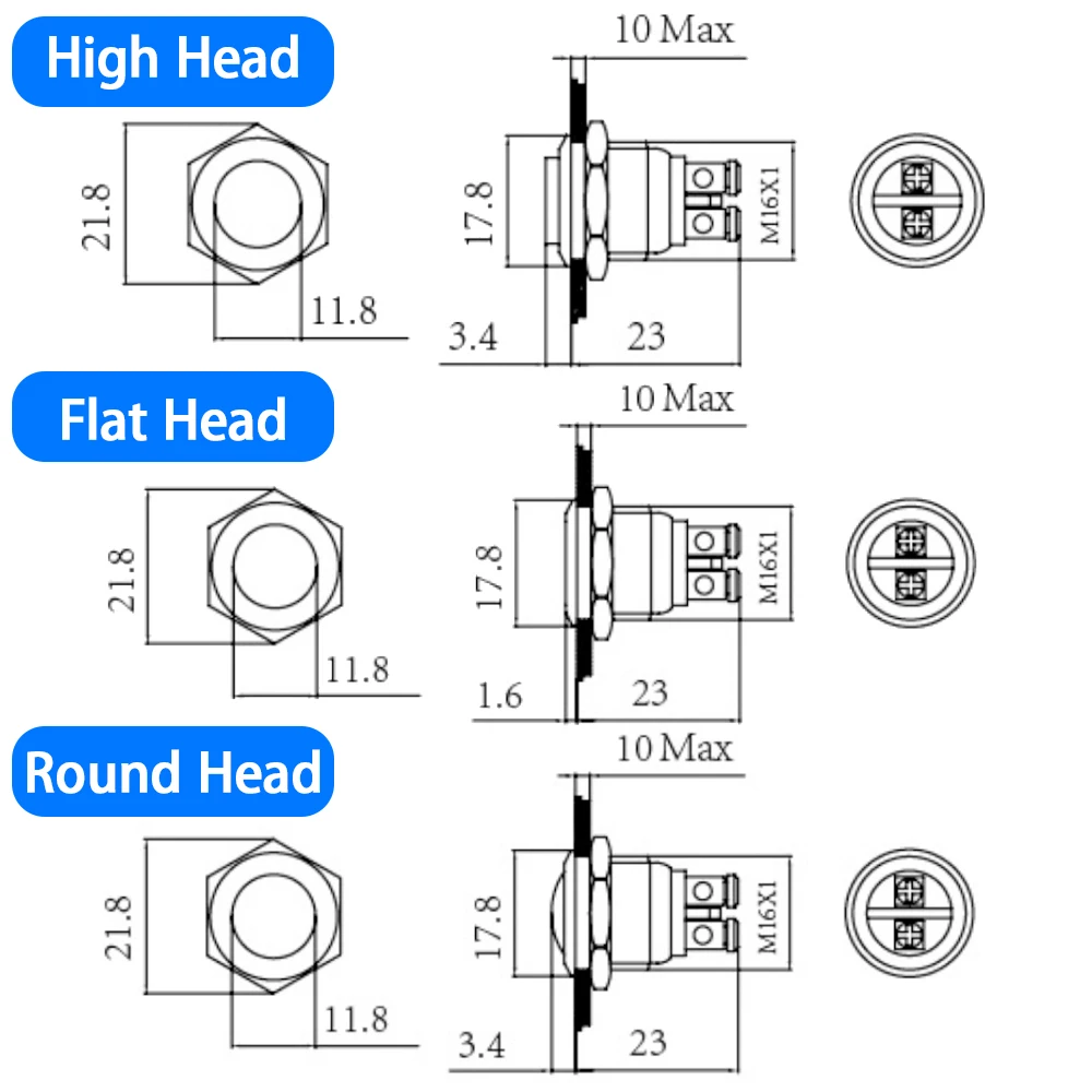 Color: Beige - 16mm 1NO High Flat Head Waterproof Momentary Reset Metal Push Button Switch Screw Terminal Car Engine Doorbell PC Power Switch