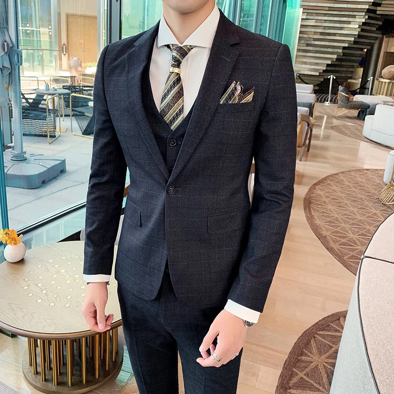 Color: Clear, Size: S - Gray Men Classic Striped/Checked Suits, Business Office 3 Piece, Asian Size Slim Fit Men Dress Jacket & Pants with Vest, S-4XL