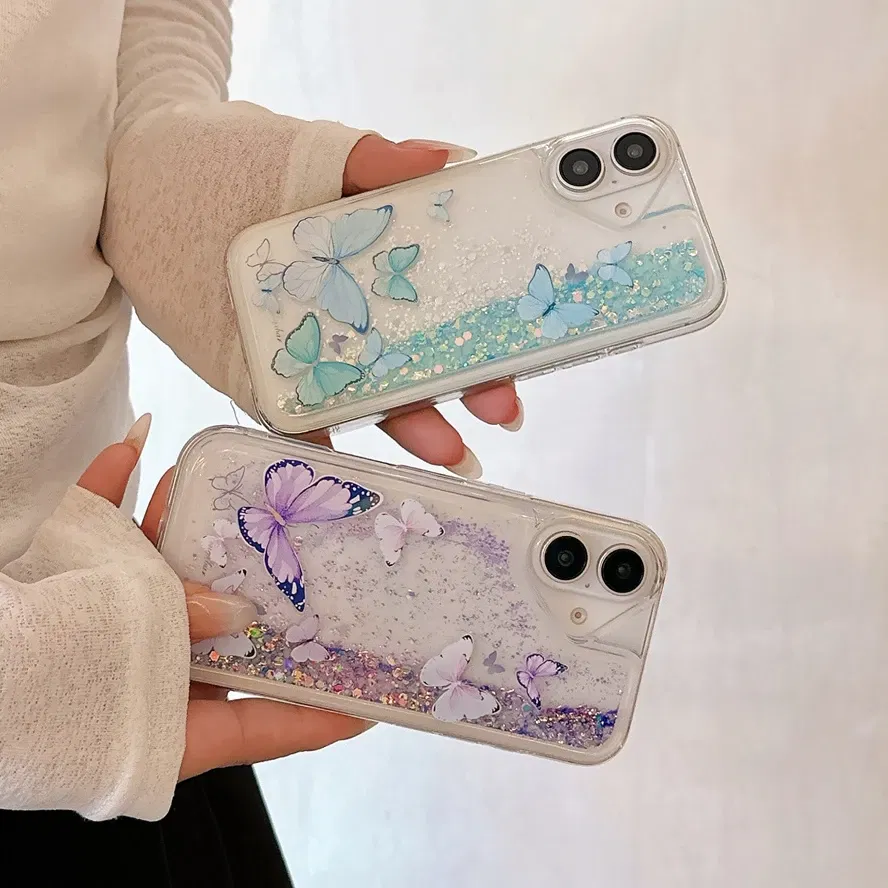 Color: Blue, Material: Genuine leather - Luminous Quicksand Glitter Butterfly Case for iPhone 16 15 14 Pro Max Plus 13 12 Mini 11 X Xs XR Soft Silicone Bling Shiny Cover