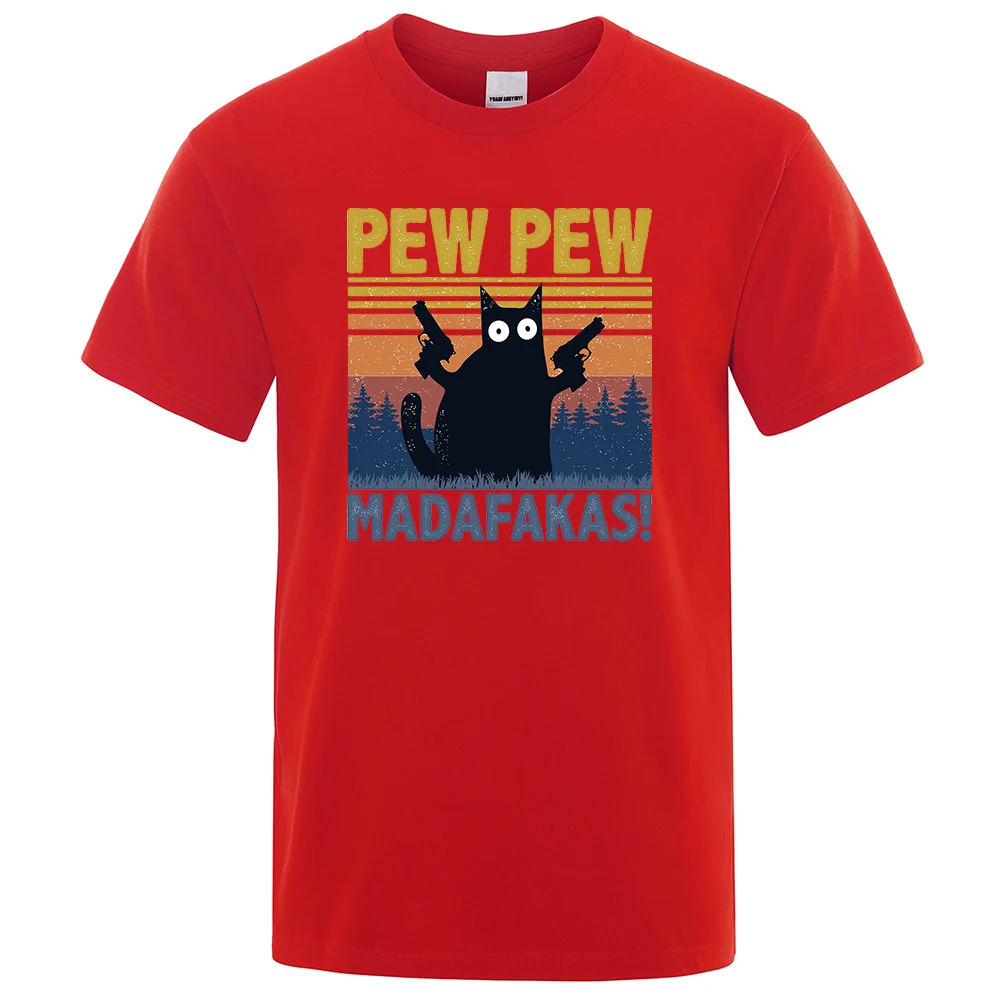 Color: Red, Size: L - Pew Pew Madafakas Tshirt Men Short Sleeve Novelty Funny Cat T Shirt Cotton Oversize Tops Shirts Tee T-Shirt Crew Neck Streetwear