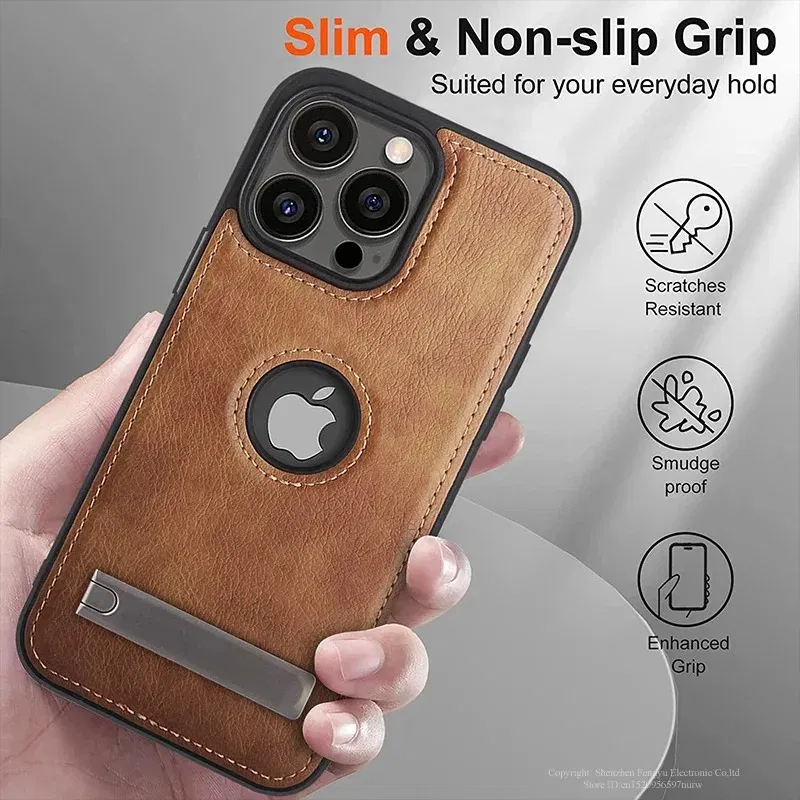Color: Beige, Material: PU - PU Leather Kickstand Phone Cases for iPhone 15 Pro Max 14 Plus 11 13 12 Mini Mobile Case with Holder Luxury Slim Shell Cover