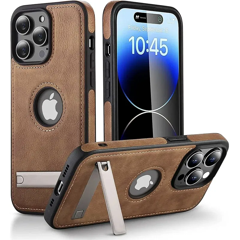Color: Beige, Material: PU - PU Leather Kickstand Phone Cases for iPhone 15 Pro Max 14 Plus 11 13 12 Mini Mobile Case with Holder Luxury Slim Shell Cover